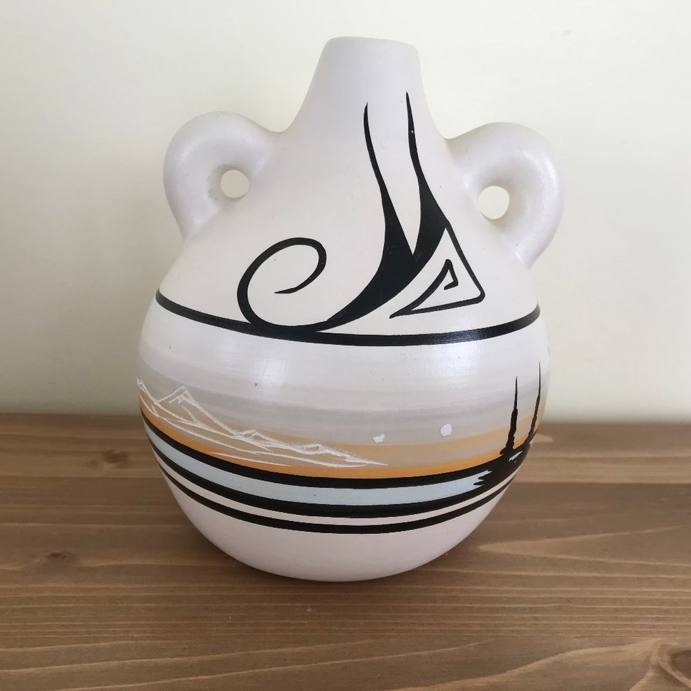 Mountain Rainbow 2-Handle Round Jug Vase Hand Painted Navajo Artist Signed M.Y.